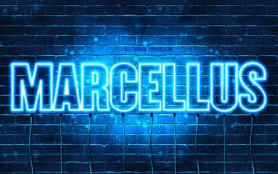 Marcellus, 4k, taustakuvia nimet, vaakasuuntainen teksti, Marcellus nimi, Hyv&#228;&#228; Syntym&#228;p&#228;iv&#228;&#228; Marcellus, blue neon valot, kuva Marcellus nimi
