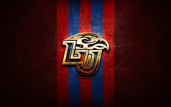 Liberty Flames, golden logo, NCAA, red metal background, american football club, Liberty Flames logo, american football, USA