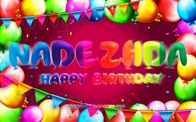 お誕生日おめでNadezhda, 4k, カラフルバルーンフレーム, Nadezhda名, 紫色の背景, Nadezhdaお誕生日おめで, Nadezhda誕生日, 人気ブルガリアの女性の名前, 誕生日プ, Nadezhda
