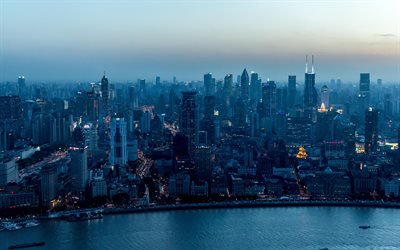 Shanghai, sera, tramonto, grattacieli, citt&#224; di Shanghai, panorama, Cina