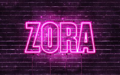 Zora, 4k, fondos de pantalla con los nombres, los nombres femeninos, Zora nombre, p&#250;rpura luces de ne&#243;n, Feliz Cumplea&#241;os Zora, de la imagen con el nombre de Zora
