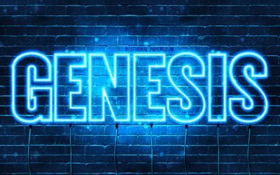 Genesi, 4k, sfondi per il desktop con nomi, orizzontale del testo, la Genesi del nome, Felice Compleanno Genesi, neon blu, immagine con nome Genesi