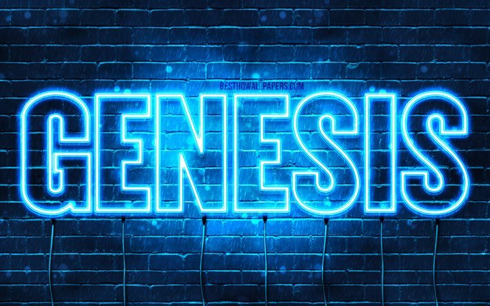Genesi, 4k, sfondi per il desktop con nomi, orizzontale del testo, la Genesi del nome, Felice Compleanno Genesi, neon blu, immagine con nome Genesi