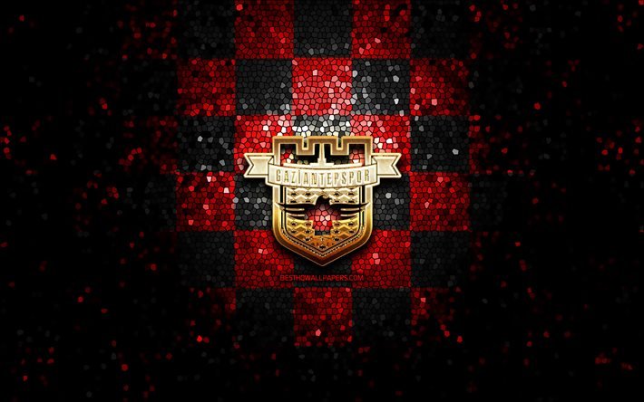 Gaziantep FC, glitter logo, T&#252;rkiye S&#252;per Lig, kırmızı siyah arka plan, futbol, Gaziantep FK, T&#252;rk Futbol Kul&#252;b&#252;, Gaziantep logo, mozaik sanatı, T&#252;rkiye damalı