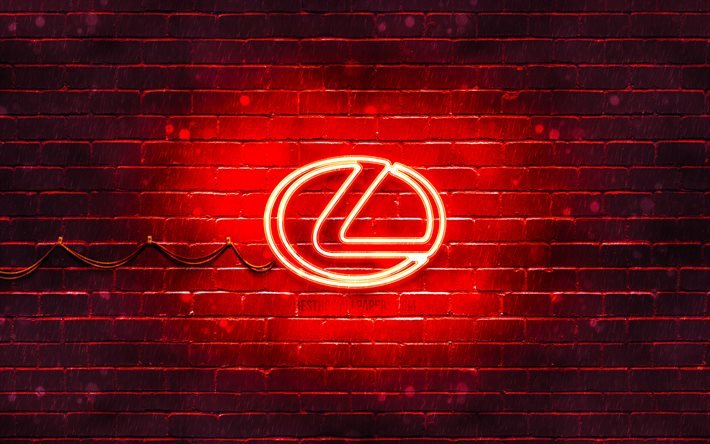 Lexus red logo, 4k, red brickwall, Lexus logo, cars brands, Lexus neon logo, Lexus