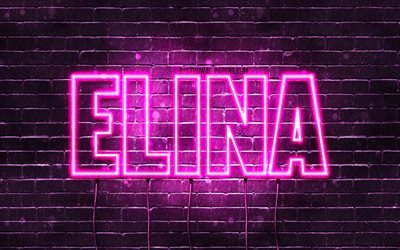 Elina, 4k, fondos de pantalla con los nombres, los nombres femeninos, Elina nombre, p&#250;rpura luces de ne&#243;n, Feliz Cumplea&#241;os Elina, la imagen con el nombre Elina