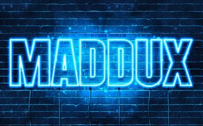 maddux, 4k, tapeten, die mit namen, horizontaler text, maddux namen, happy birthday maddux, blue neon lights, bild mit maddux namen