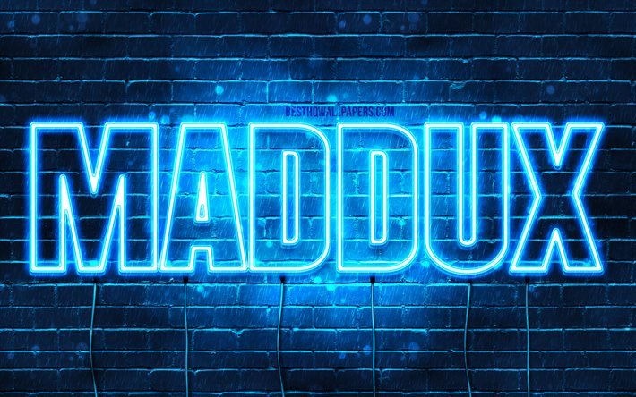 Maddux, 4k, 壁紙名, テキストの水平, Maddux名, お誕生日おめでMaddux, 青色のネオン, 写真Maddux名
