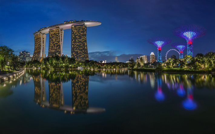 Marina Bay Sands, 4k, Singapore y&#246;ll&#228;, nightscapes, hotellit, pilvenpiirt&#228;ji&#228;, Singapore, moderneja rakennuksia, Aasiassa, Singapore 4K