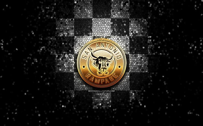San Antonio Rampage, glitter logotipo, AHL, preto branco fundo quadriculado, EUA, americana time de h&#243;quei, San Antonio Rampage logotipo, arte em mosaico, h&#243;quei, Am&#233;rica
