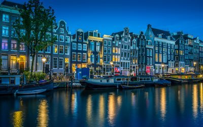 Amsterdam, la noche, los hermosos edificios, canal, ciudad hermosa, pa&#237;ses Bajos