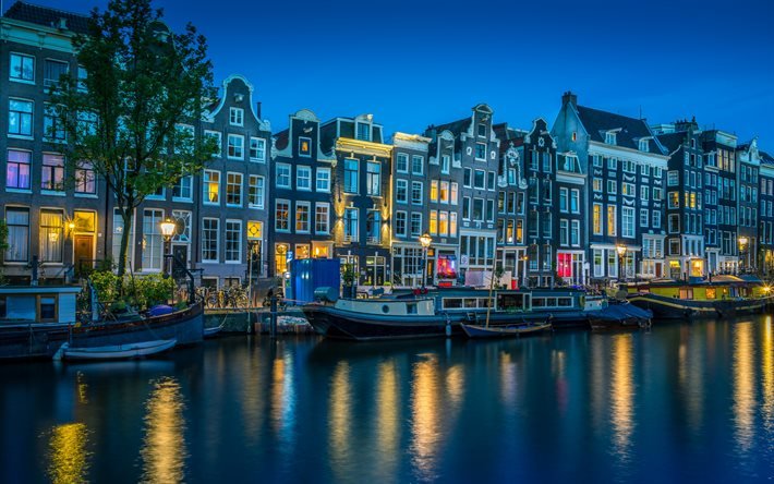 Amsterdam, akşam, g&#252;zel binalar, kanal, g&#252;zel şehir, Hollanda