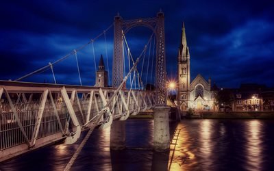 Greig Street Bridge, Inverness, footbridge, River Ness, beautiful bridge, old chapel, evening, sunset, Free North Church of Scotland, city lights, Scotland