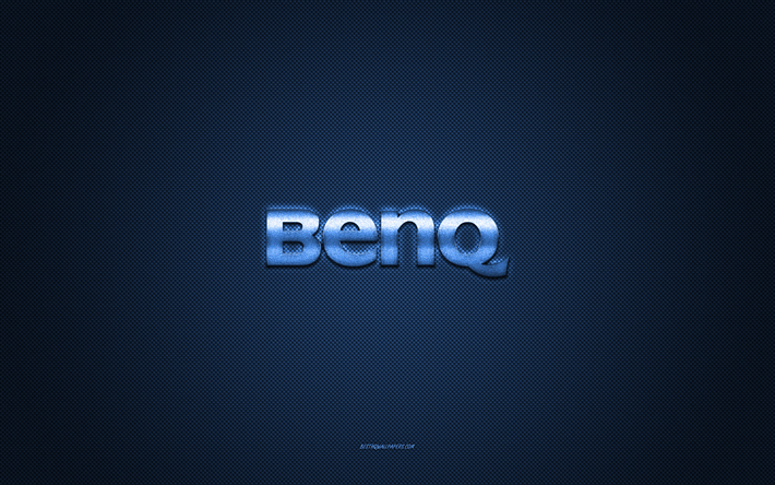 benqのロゴ, 青い光沢のあるロゴ, benqメタルエンブレム, ブルーカーボンファイバーテクスチャー, benq, ブランド, クリエイティブアート, benqエンブレム