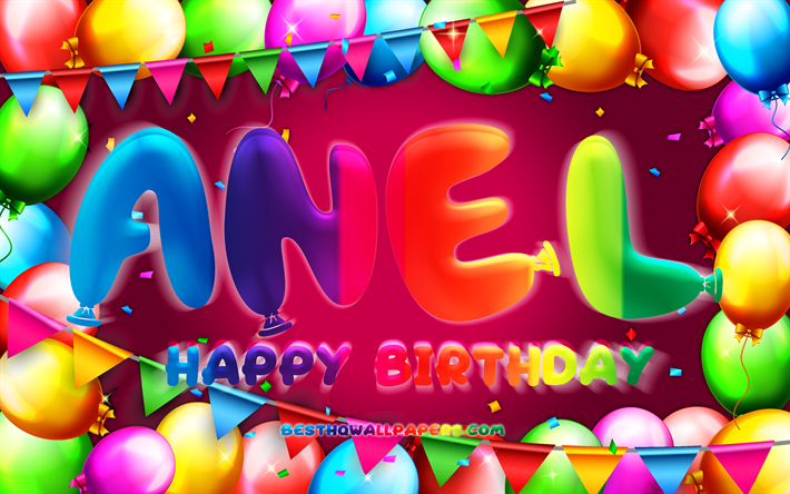 お誕生日おめでとうアネル, chk, カラフルなバルーンフレーム, アネルの名において, 紫の背景, アネルお誕生日おめでとう, アネルの誕生日, 人気のメキシコの女性の名前, 誕生日のコンセプト, 指輪