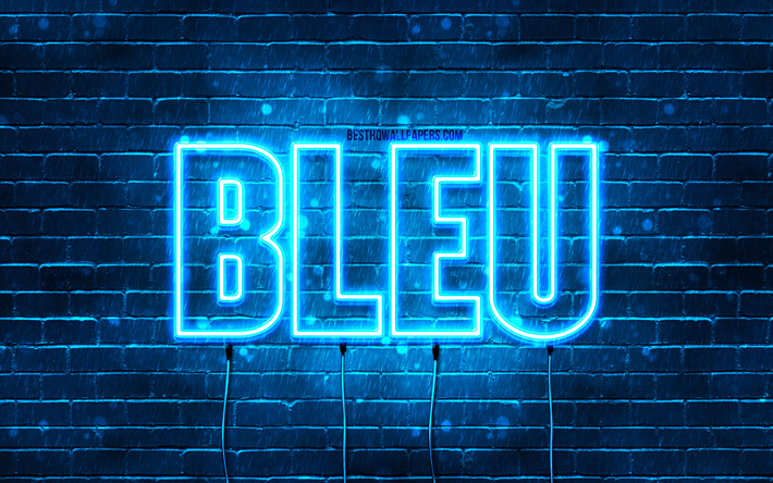 happy birthday bleu, 4k, bl&#229; neonljus, bleu namn, kreativ, bleu grattis p&#229; f&#246;delsedagen, bleu birthday, popul&#228;ra franska mansnamn, bild med bleu namn, bleu