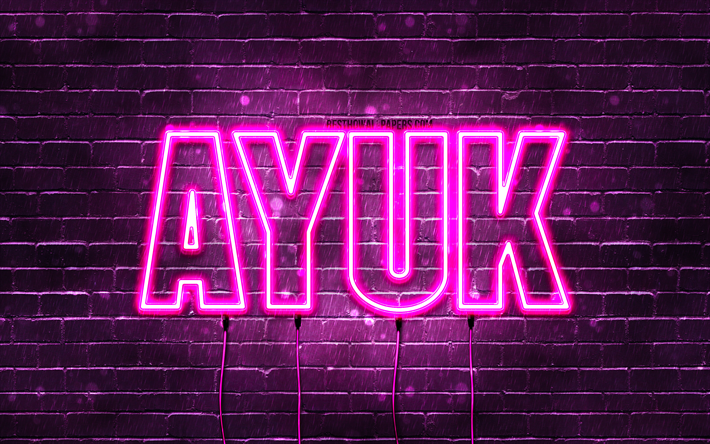 Happy Birthday Ayuk, 4k, pink neon lights, Ayuk name, creative, Ayuk Happy Birthday, Ayuk Birthday, popular french female names, picture with Ayuk name, Ayuk
