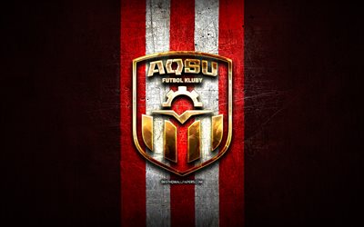 aksu fc, logotipo dourado, kazakhstan premier league, metal vermelho de fundo, futebol, clube de futebol cazaque, aksu fc logotipo, fk aksu