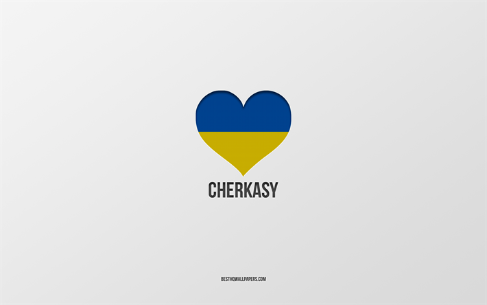 j aime cherkasy, villes ukrainiennes, jour de cherkasy, fond gris, cherkasy, ukraine, coeur de drapeau ukrainien, villes pr&#233;f&#233;r&#233;es, love cherkasy