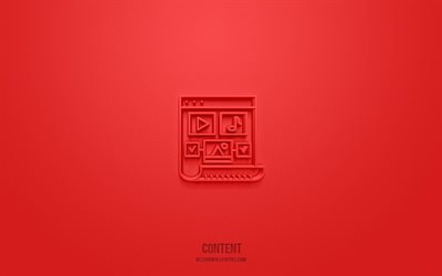 Content 3d icon, red background, 3d symbols, Content, seo icons, 3d icons, Content sign, seo 3d icons