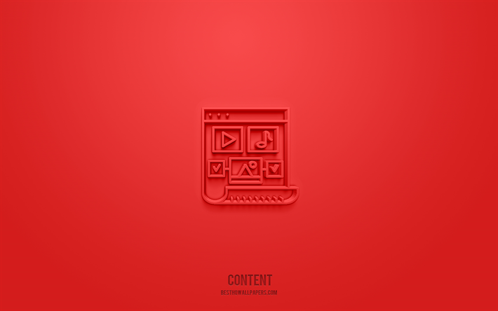 contenuto icona 3d, sfondo rosso, simboli 3d, contenuto, icone seo, icone 3d, segno contenuto, icone seo 3d
