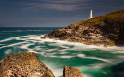lighthouse, coast, seascape, evening, white lighthouse, waves, beautiful bay