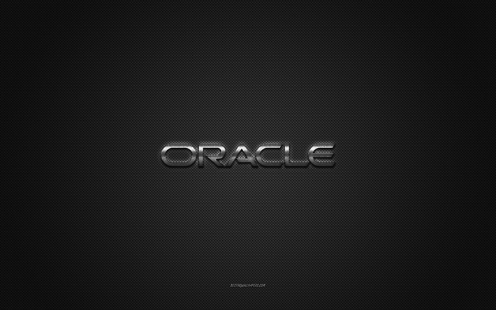 Oracle logo, silver shiny logo, Oracle metal emblem, gray carbon fiber texture, Oracle, brands, creative art, Oracle emblem