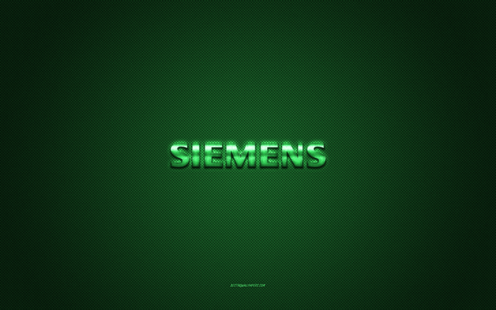 logotipo de siemens, logotipo verde brillante, emblema de metal de siemens, textura de fibra de carbono verde, siemens, marcas, arte creativo, emblema de siemens