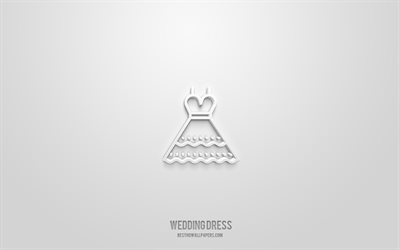 ウェディングドレス3dアイコン, 白色の背景, 3dシンボル, ウェディングドレス, 結婚式のアイコン, 3dアイコン, ウェディングドレスのサイン, 結婚式の3dアイコン