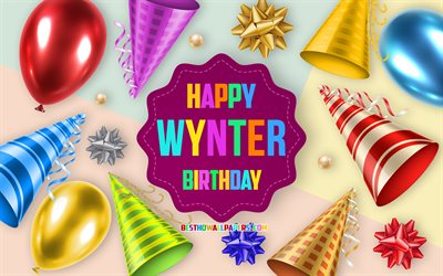 Happy Birthday Wynter, 4k, Birthday Balloon Background, Wynter, creative art, Happy Wynter birthday, silk bows, Wynter Birthday, Birthday Party Background