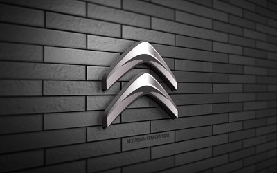 Citroen 3D logo, 4K, gray brickwall, creative, cars brands, Citroen logo, 3D art, Citroen