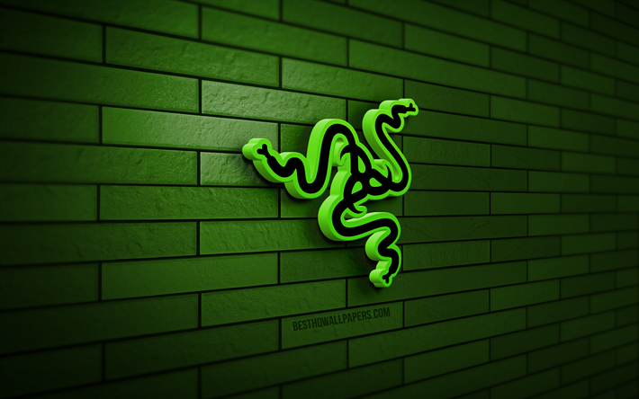 razer 3d logo, 4k, green brickwall, criativo, marcas, razer logo, arte 3d, razer