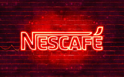 Nescafe red logo, 4k, red brickwall, Nescafe logo, brands, Nescafe neon logo, Nescafe