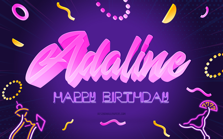 Happy Birthday Adaline, 4k, Purple Party Background, Adaline, creative art, Happy Adaline birthday, Adaline name, Adaline Birthday, Birthday Party Background