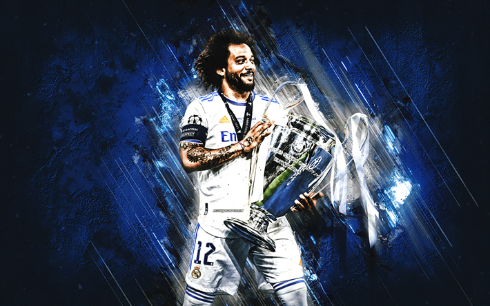 Marcelo, Real Madrid, blue stone background, Marcelo with Champions League cup, football, grunge art, Marcelo Vieira