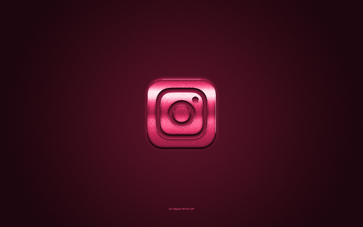 instagram-logotyp, rosa gl&#228;nsande logotyp, instagram-metallemblem, rosa kolfiberstruktur, instagram, varum&#228;rken, kreativ konst, instagram-emblem