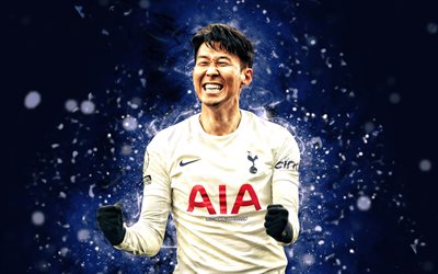 Son Heung-min, 4k, 2022, Tottenham Hotspur FC, South Korean footballers, soccer, Heung-min Son, Premier League, Son Heung-min 4k, blue neon lights, Tottenham FC, Son Heung-min Tottenham