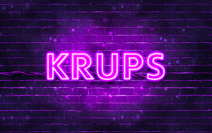 krups violett logotyp, 4k, violett tegelv&#228;gg, krups logotyp, varum&#228;rken, krups neon logotyp, krups