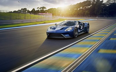 Ford GT, 4k, pista de carreras, 2018 coches, supercars, desenfoque de movimiento, Ford