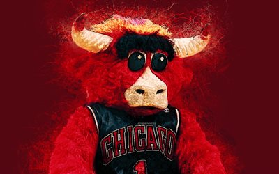 Benny Bull, officiella maskot, Chicago Bulls, 4k, konst, NBA, USA, grunge konst, symbol, r&#246;d bakgrund, m&#229;la konst, National Basketball Association, NBA maskotar, Chicago Bulls maskot, basket