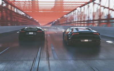 Huracan vs Aventador, 4k, racing simulator, 2018 games, The Crew 2, Lamborghini Huracan, Lamborghini Aventador