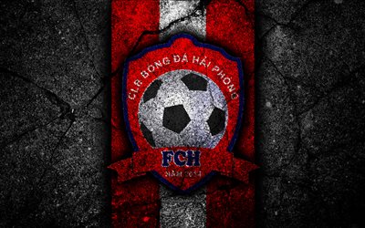4k, Hai Phong FC, emblem, V League 1, football, Vietnam, football club, black stone, Asia, Hai Phong, soccer, asphalt texture, FC Hai Phong