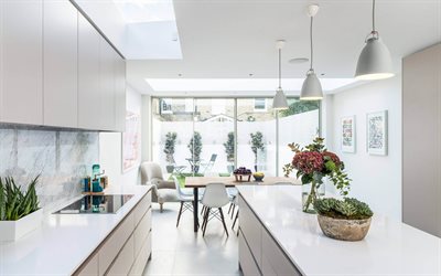 modern stylish kitchen interior, white walls, modern white kitchen, high-tech, minimalism, modern design, kitchen