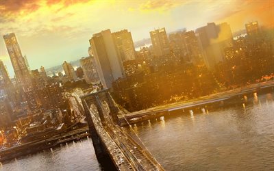 Pont de Brooklyn, ville de soir&#233;e, new york, coucher de soleil, New York, &#233;tats-unis, l&#39;Am&#233;rique