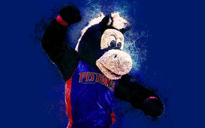 Hooper, official mascot, Detroit Pistons, 4k, art, NBA, USA, Horse, grunge art, symbol, blue background, paint art, National Basketball Association, NBA mascots, Detroit Pistons mascot, basketball