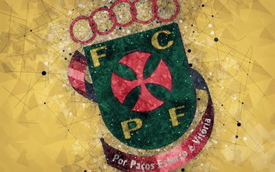 FC Pacos de Ferreira, 4k, arte geometrica, logo, portoghese football club, stemma, sfondo giallo, Primeira Liga, Pacos de Ferreira, Portogallo, calcio, arte creativa