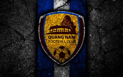 4k, Quang Nam FC, emblem, V League 1, football, Vietnam, football club, black stone, Asia, Quang Nam, soccer, asphalt texture, FC Quang Nam