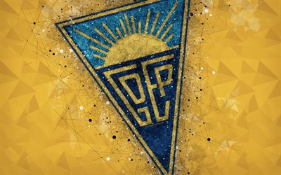 GD Estoril Praia, 4k, arte geometrica, logo, portoghese football club, stemma, sfondo giallo, Primeira Liga, Estoril, in Portogallo, calcio, arte creativa