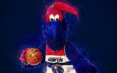 G-Wiz, official mascot, Washington Wizards, 4k, art, NBA, USA, grunge art, symbol, blue background, paint art, National Basketball Association, NBA mascots, Washington Wizards mascot, basketball