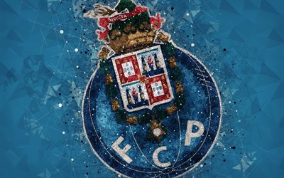 FC Porto, 4k, geometric art, logo, Portuguese football club, emblem, blue background, Primeira Liga, Porto, Portugal, football, creative art